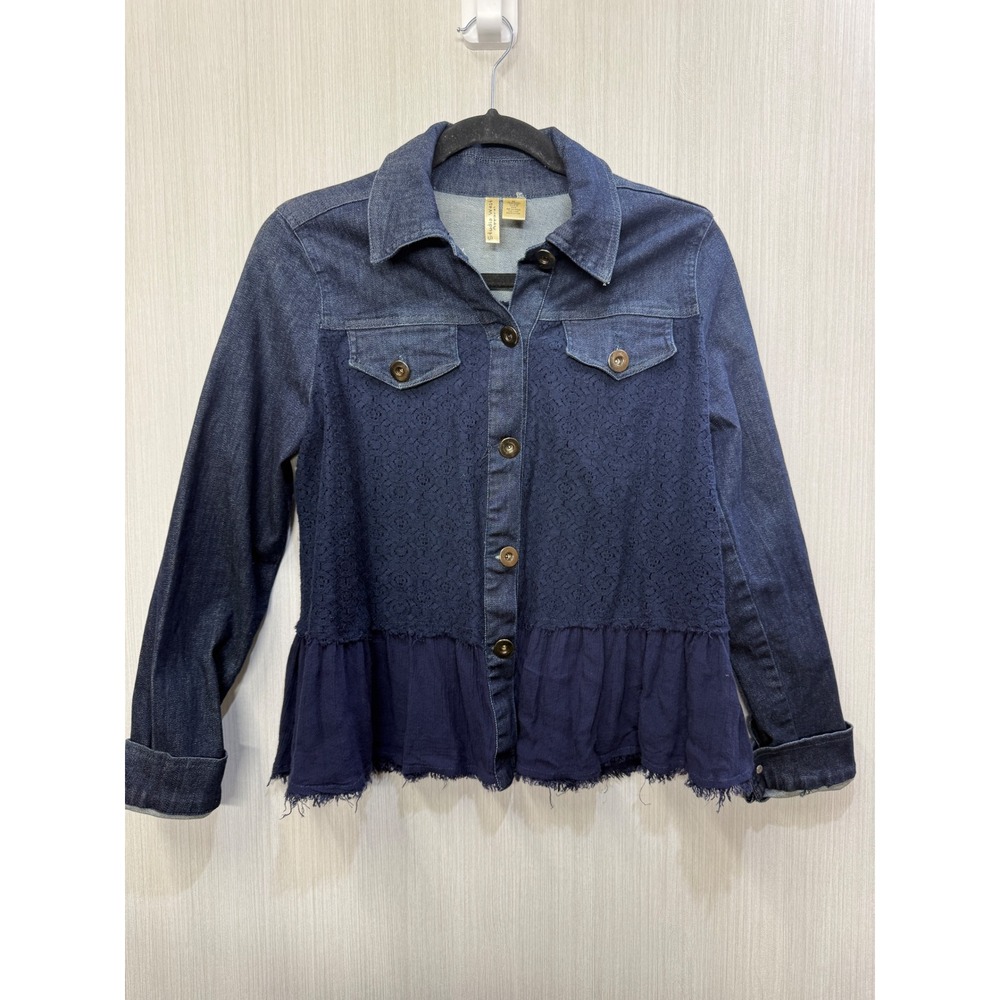 Studio West Apparel Womens Denim Lace Peplum Jacket Navy Blue Mixed Media Small